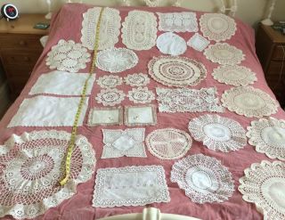 29 Very Old Doilies.  Hand Made Lace Crochet.  Various Designs.  Some 100 Years Old