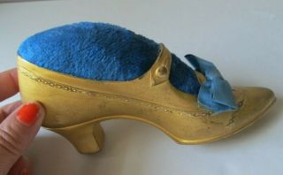 Large Antique Jennings Brothers Gilt Painted Shoe Pin Cushion Sewing 6 1/2 " Long