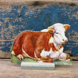 Antique Cardboard Farm Animal Cutout Wood Stand Hereford