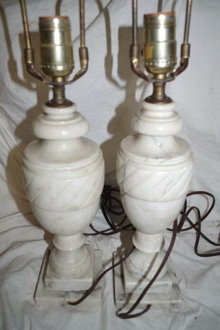 Pair Antique Vintage Marble Heavy Carved Alabaster Urn Lamps Step Base
