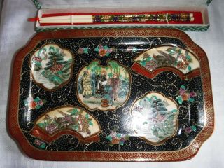 Vintage Japanese/chinese Imari Style Gold Accented Decorated Plate & Chop Sticks
