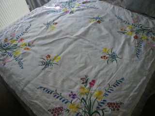 Vintage Hand Embroidered And Linen Table Cloth.  50 " X 50 ".