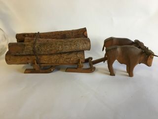 Antique Hand Carved Wood Cow Bull Ox Oxen Sled Plow Logs Toy Primitive Folk Art