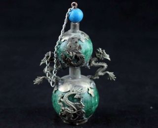 Chinese Old Jade Armored Tibet Silver Plated Carved Dragon Phoneix Snuff Bottle