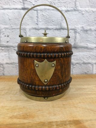 Antique English Oak Biscuit Barrel Tobacco Jar Silverplate Epns Porcelain