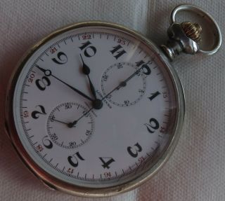 Longines Chronograph Pocket Watch Open Face Silver Case 54 Mm.  In Diameter