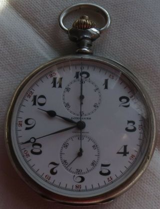 Longines Chronograph pocket watch open face silver case 54 mm.  in diameter 2