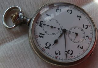 Longines Chronograph pocket watch open face silver case 54 mm.  in diameter 3