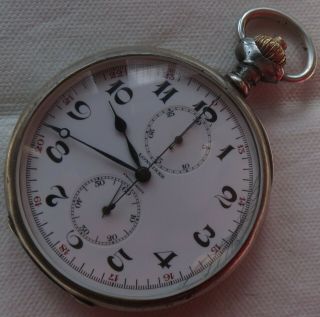 Longines Chronograph pocket watch open face silver case 54 mm.  in diameter 4