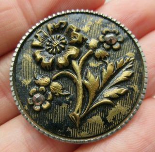 Large Antique Victorian Steel Cup Metal Picture Button Flowers (k)