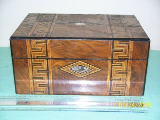 Antique 19th C Victorian Walnut Inlaid Jewelry Trinket Wood Box 10 X 6.  5 X 4.  5 "