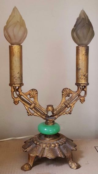 Vintage Iron & Jadite Dual Light Table Lamp - Vgc - Great
