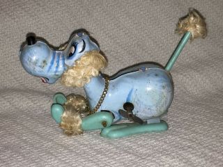 Vintage Wind Up 5 " Mechanical Jumping Tin Baby Blue Poodle Toy Dog Made In Japan