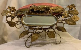 Antique Art Nouveau French Brass Pin Cushion Mirror Dresser Ensemble Marked