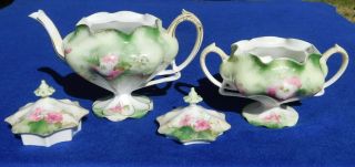 Vintage Nippon[?] Unmarked Hand Painted Sugar Bowl and Creamer set W/Gilded Edge 8