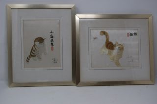 2x Vintage Japanese Embroidery Picture Of Cats - On Silk