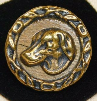 Antique Metal Button Brass Hound Dog On Wooden Back 11/16 T