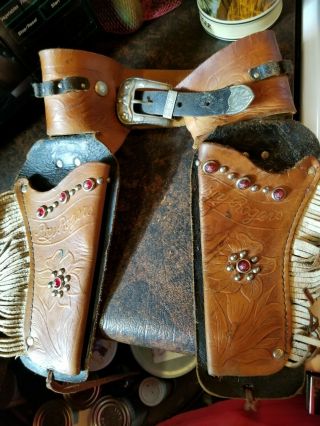 Vintage Roy Rogers Double Holster Leather Toy Gun Belt.  Estate Find.