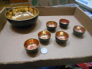 Vintage Black Japanese Lustreware Bowl & Teacups