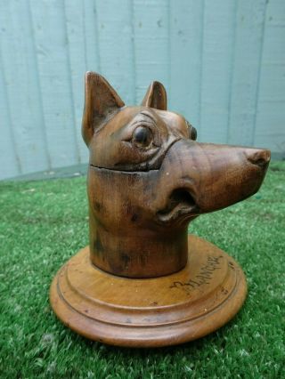 19thc Black Forest Wooden Walnut Dogs Head Carving,  Hinged Inkwell C1850s