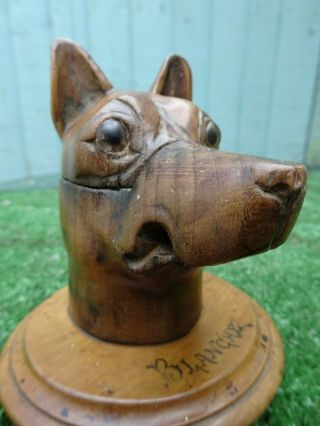 19thC BLACK FOREST WOODEN WALNUT DOGS HEAD CARVING,  HINGED INKWELL c1850s 2