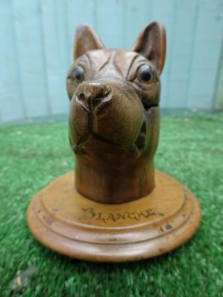19thC BLACK FOREST WOODEN WALNUT DOGS HEAD CARVING,  HINGED INKWELL c1850s 3