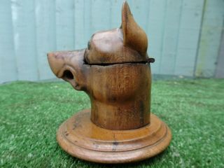 19thC BLACK FOREST WOODEN WALNUT DOGS HEAD CARVING,  HINGED INKWELL c1850s 5