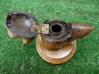 19thC BLACK FOREST WOODEN WALNUT DOGS HEAD CARVING,  HINGED INKWELL c1850s 8