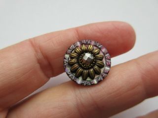 Exquisite Antique Vtg Dyed Carved MOP Shell BUTTON Flower w/ Cut Steel (A) 2