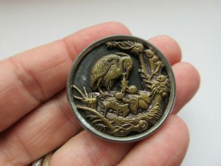 LARGE Antique Vtg Metal Picture BUTTON Bird Feeding Babies Fish (A) 2