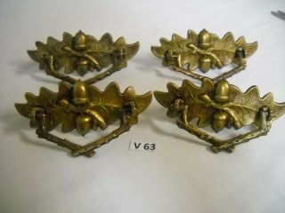 ANTIQUE OAK LEAF BRASS DRAWER PULL WITH DROP BAIL 3