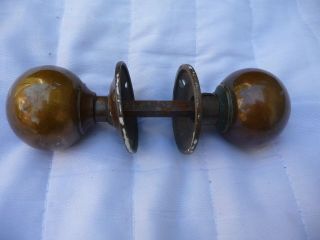 Antique Pair Victorian/edwardian Brass Door Handles Back Plate,  Spindle Patinated