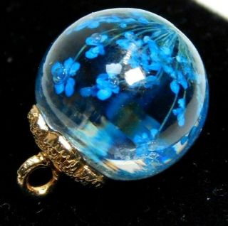 Collectible Glass Charmstring Button Clear Ball W Tiny Blue Flowers 5/8