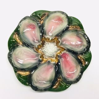 Antique Porcelain Hand Painted 6 Well Oyster Plate Pink Green Gold 11.  5 "