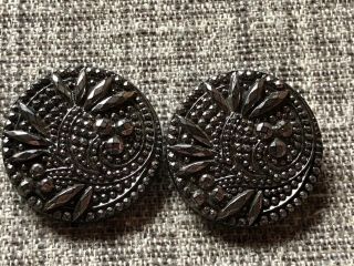 2 Matching Antique Button…large Black Glass Lacy With Silver Luster