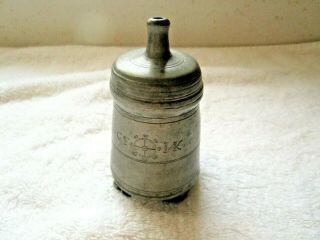 VERY RARE 19TH CENT.  PEWTER BABY BOTTLE WITH CHERUB FEET 2