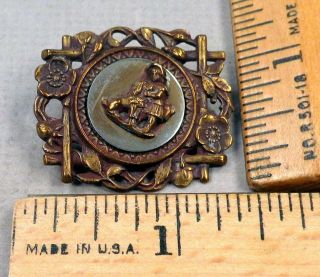 Child With Dog,  Antique Brass Picture Button,  Cut - Steel Backing,  1800s
