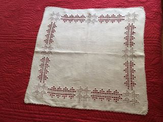 Antique Hand Made Hardanger Lace Off White Linen Center Tablecloth 25 " Square