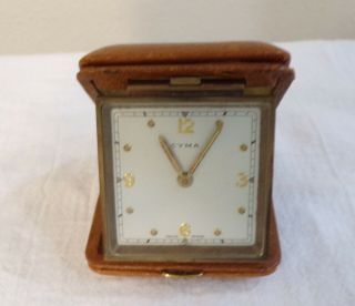 Vintage Brown Leather & Brass Cyma Travel Alarm Clock Swiss Made - Great