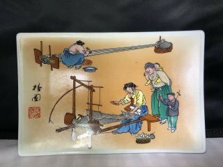 Traditional Japanese Illustrated Plate.  “weaving”.  Ceramic.  Watercolor.  Kim Hong