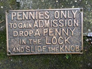 Vintage Brass Toilet Door Plate Plaque Sign - Drop A Penny In Lock & Slide Knob,