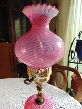 Fenton Cranberry Opalescent Swirl Glass Brass Lamp 18 1/2 " Tall