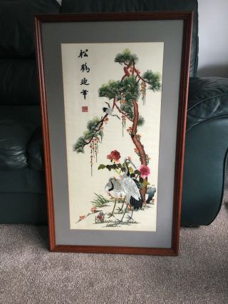 Framed Chinese Silk Embroidery Panel Antique Needlework Pelicans