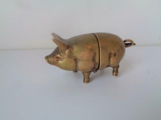 German Antique Metal Pig Needle Case & Thread Holder Sewing Accessory Brass Fig