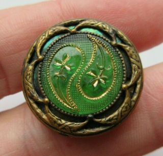 Remarkable Antique Vtg Glass In Metal Button W/ Incised Paisley Design 7/8 " (a)