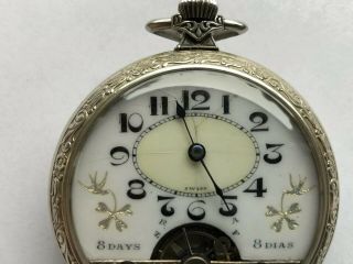 Hebdomas Eight Day Swiss Pocket Watch Circa 1920,  52 Mm With Exposed Escapement