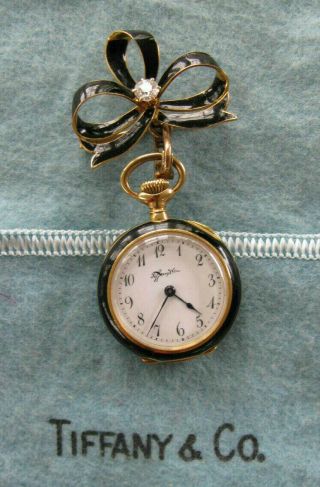 Antique Tiffany & Co.  Yellow Gold Diamond Enamel Lapel Pendant Pocket Watch