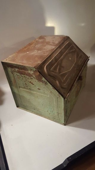 Antique Old Tin Bread Box Pie Safe 2 Shelves Slant Top Faded Old Green Paint