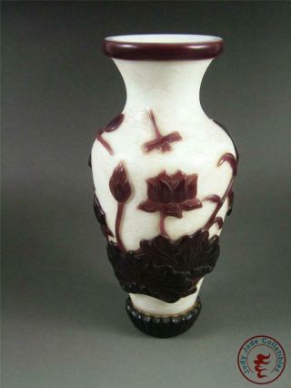 Fine Old Chinese Peking Glass Made Bottle Vase Pot Statue Lotus & Mandarin Ducks