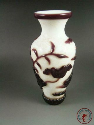 Fine Old Chinese Peking Glass Made Bottle Vase Pot Statue LOTUS & MANDARIN DUCKS 2